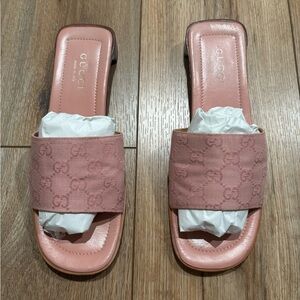 Vintage Gucci Pink Monogram Slide Sandals with Wooden Heel